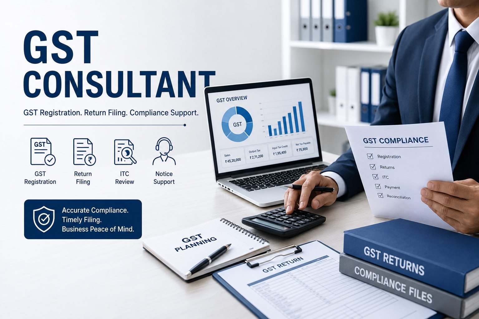 GST consultant in Gurgaon providing registration, return filing, ITC review and notice support